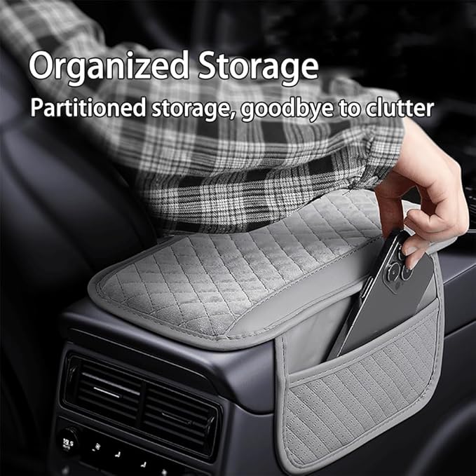 Cxtiy Car Center Console Cover,Microfiber Warm Soft Car Armrest Cover Cushion with 2 Storage Bags,Universal Car Armrest Storage Box Car Interior Accessories for Most Vehicles (Grey)