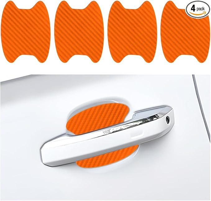 Car Door Handle Cup Scratch Protector, 4PCS 3D Carbon Fiber Vehicle Handle Bowl Sticker, Automotive Exterior Door Cup Protection Decal, Universal for SUV Caravan Automobile (Orange)