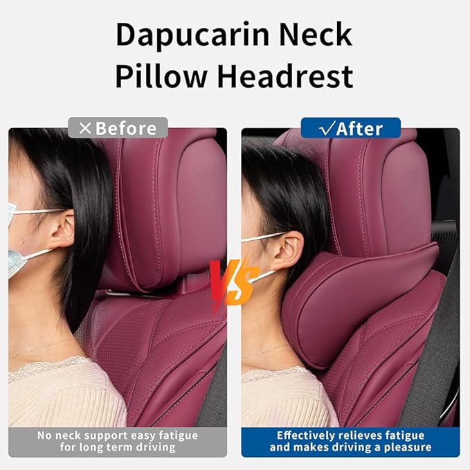 Dapucarin Car Headrest Memory Foam Neck Pillow for Driving with Leather Cover Soft Comfortable Seat Head Pillow Cushion for Most Cars SUV Sedan Home Office Red (1PC)