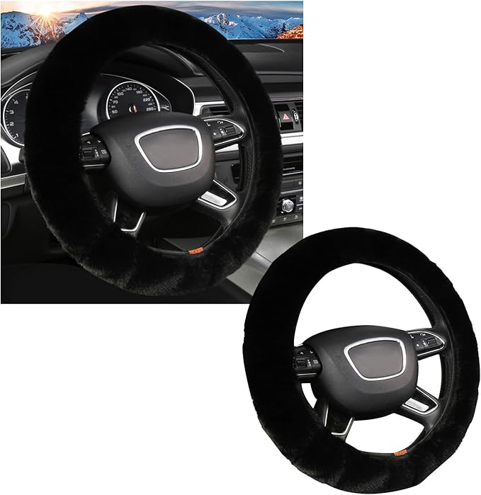Ziciner Elastic Fuzzy Steering Wheel Cover, 15'' Soft Steering Wheel Protector for Warm Winter, Anti-Slip Fluffy Car Wheel Covers, Universal Car Interior Decor Accessories for Women Men (Black)