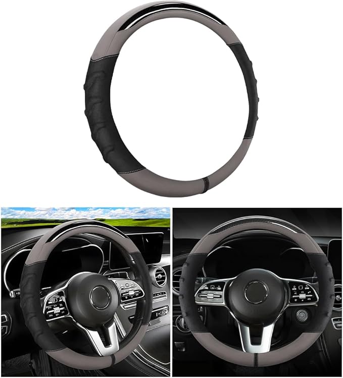 Car Steering Wheel Cover, Non-Slip Vehicle Steering Wheel Protector, Automotive Interior Accessories for Women Men, 15 Inch Universal for SUV, Truck, RV, Van and More（Black/Gray）
