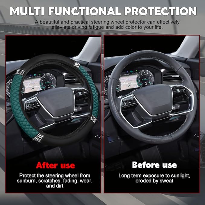 Car Steering Wheel Cover, Steering Wheel Accessories, Breathable Microfiber Leather Auto Wheels Protector, Universal 15 Inch Anti-Slip Protector for SUV Sedan Truck (Bling-Dark Green)