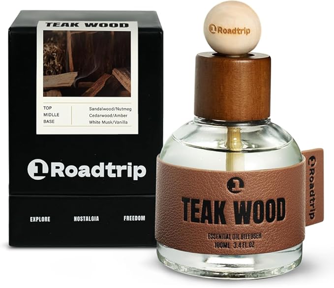 1Roadtrip Car Air Freshener - Long Lasting Essential Oil Diffuser - Aromatherapy Accessories for Men & Women - Non-Toxic Odor Eliminator - Teakwood Car Scent Diffuser 3.38 FL OZ/100ML