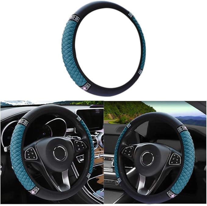 LoyaForba Bling Soft Leather Steering Wheel Cover, 15 In Colorful Rhinestones Auto Elastic Steering Wheel Protector, Sparkly Crystal Diamond for Women Girls, Car Accessories for Most Cars (Dark Green)