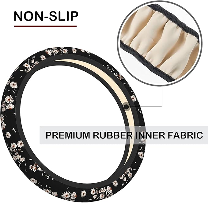 Black and White Daisies Elastic Steering Wheel Cover, Non-Slip Breathable Neoprene Steering Wheel Covers, Women Pink Car Accessories, Universal 15 Inch Fit Auto, Suvs, Truck