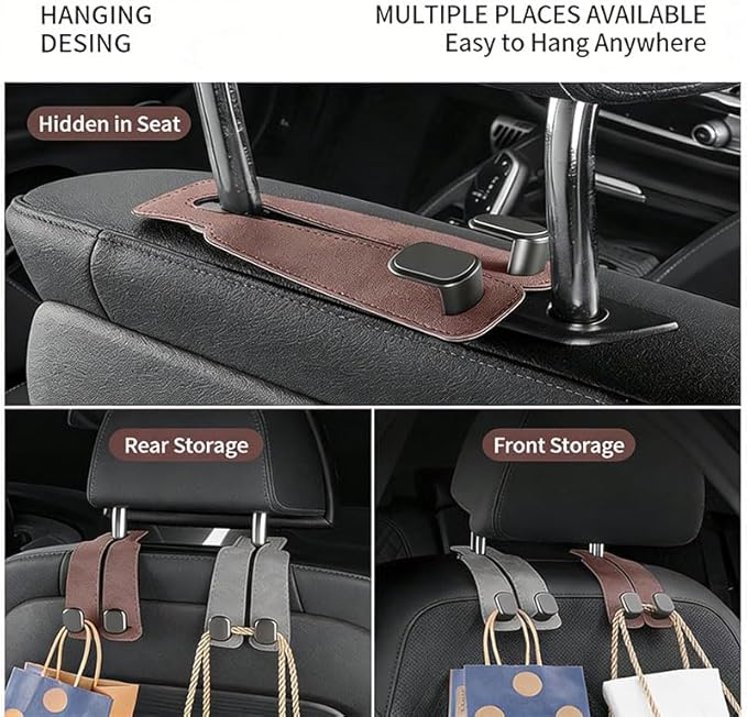 Velocury Car Seat Hooks for Purses and Bags, Foldable Headrest Hooks for Car, Faux Suede Back Seat Organizer for Groceries, Handbags and Accessories (Brown, Pack of 4)
