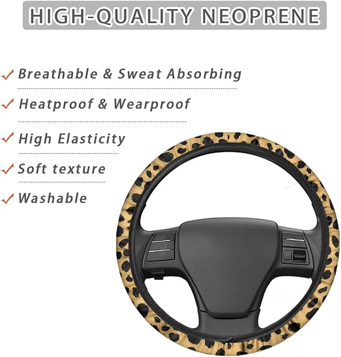 Universal Non-Slip Steering Wheel Cover, 15-inch Polyester Material Driving Accessories, Adjustable for Car and Truck(Classic Amber Leopard)