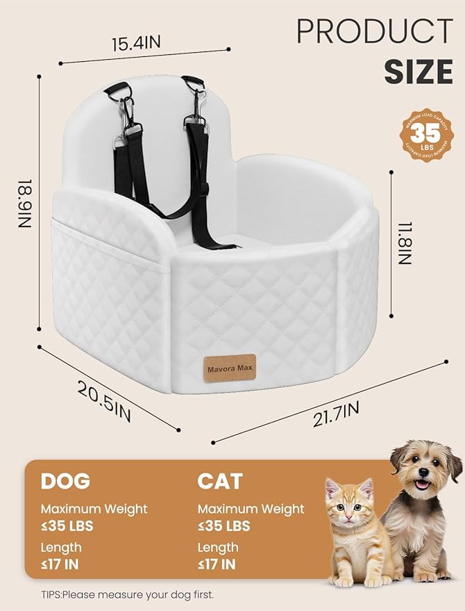 Mavora Max Dog Car Seat for Small/Medium Dogs, Elevated Dog Booster Seat Memory Foam Puppy Car Seat with Washable Cover, Travel Safety Pet Seat for Car with Storage Pockets Up to 35 lbs (White)