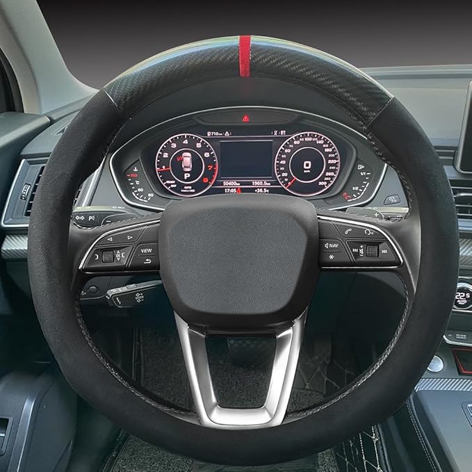 Carodi Car Suede Carbon Fiber Steering Wheel Cover car Anti-Skid Leather car Interior Accessories Decoration 15 inch Universal (Black)