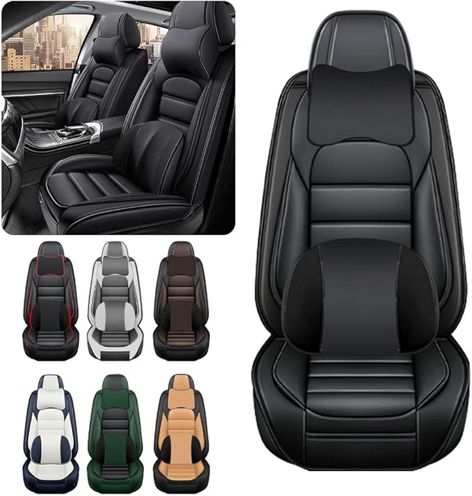 Iceleather Luxury Car Seat Covers for Ford Edge 2007-2025,Waterproof Soft Breathable PU Leather Seat Cover with Storage Pockets(Classic Black,Front Set with Pillow)