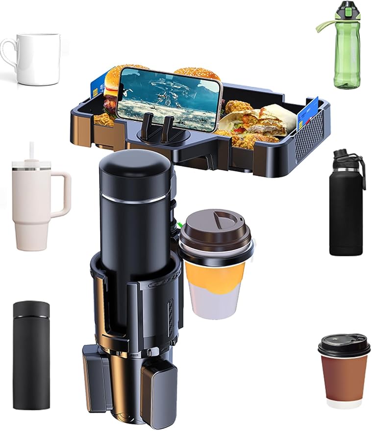 Car Cup Holder Tray, 10 Inch 4-in-1 Cup Holder Tray, 360° Rotating Drink Holder Expander with Detachable Food Tray & Phone Holder, Road Trip Essentials