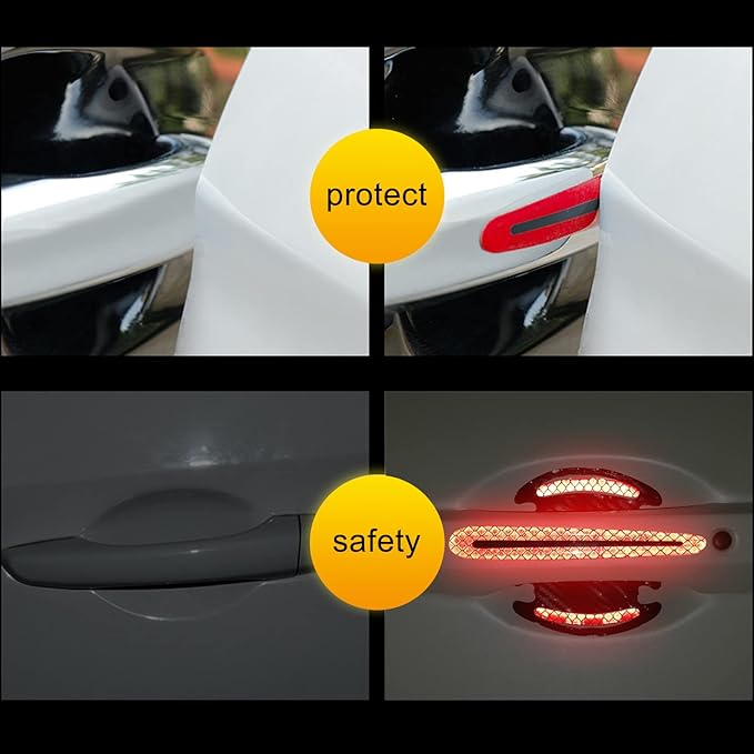Car Door Handle Protector Reflective Sticker Universal Auto Carbon Fiber Door Handle Anti Scratch Cover Guard 8PCS Red