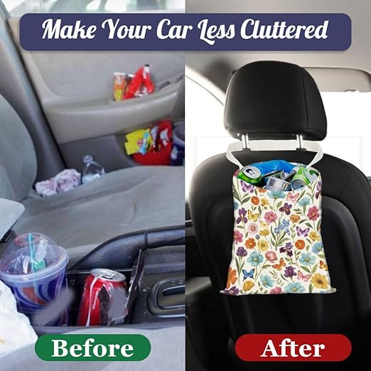 Retro Wildflower Butterfly Print Car Trash Bag Portable Waterproof Hanging Garbage Bag with Snap Buttons Back Seat Rubbish Storage Dustbin for Car Interior Accessories Kitchen Home Travel
