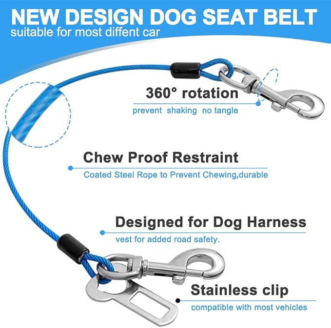 Mi Metty Dog Seat Belt Harness for Car,2pcs Dog Seatbelt of Coated Wire Leash Safety Restraint,No Chew Tether Cable Vehicle Dog Accessories,Double Clips & Latch (2 Pack Red+Blue, 16 inch/40 CM)