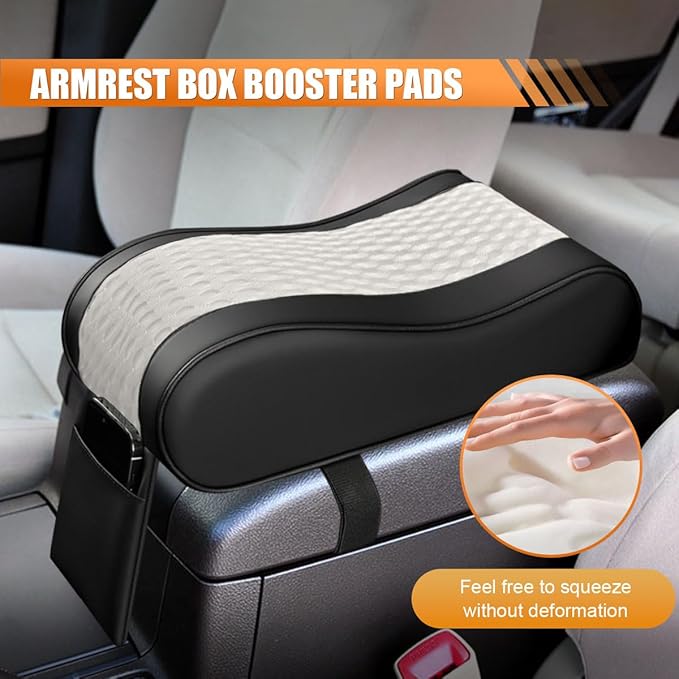 Car Armrest Cushion, Memory Foam Auto Center Console Armrest Pillow Pad with Storage Bag, Breathable Leather Middle Console Protective Pad with Phone Holder Relieve Elbow Pressure (WhiteGray)