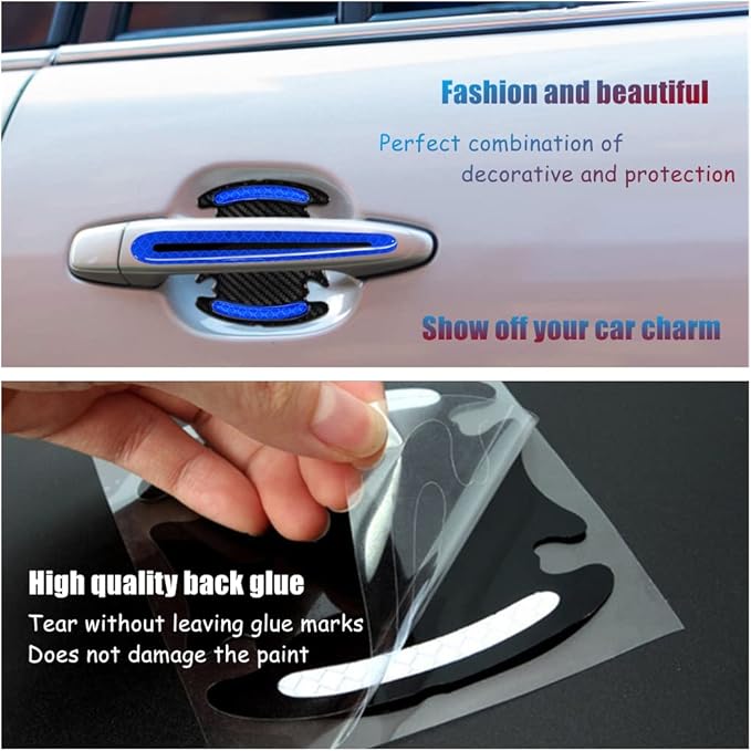 NOI 8pcs Universal 3D Carbon Fiber Texture car Door Handle Door Bowl Paint Scratch Protector Protective Cover Protective Film car Outdoor Safety Decoration Reflective Strip (Blue) 001