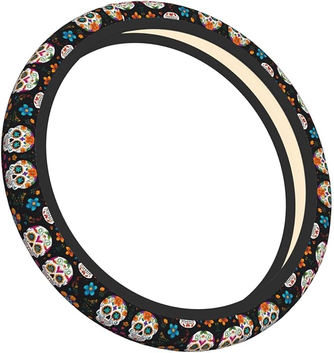 Flower Skull Pattern Neoprene Steering Wheel Covers Women Men Car Accessories, Universal 15 Inch Fit Auto, Suvs, Truck