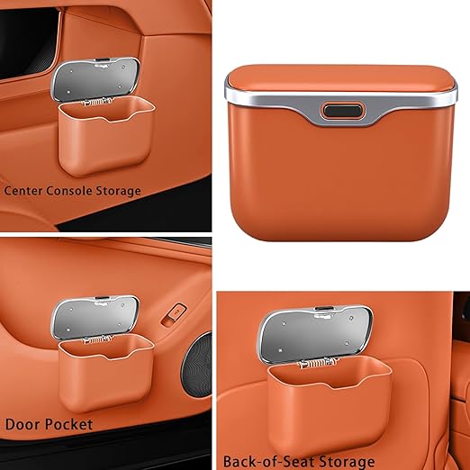 MAIBAOYUAN Custom Text Car Trash Can with Lid,Leakproof Auto Garbage Bin & Storage Organizer, Waterproof Car Trash Bag Holder with PU Leather Top for Back of Seat/Door