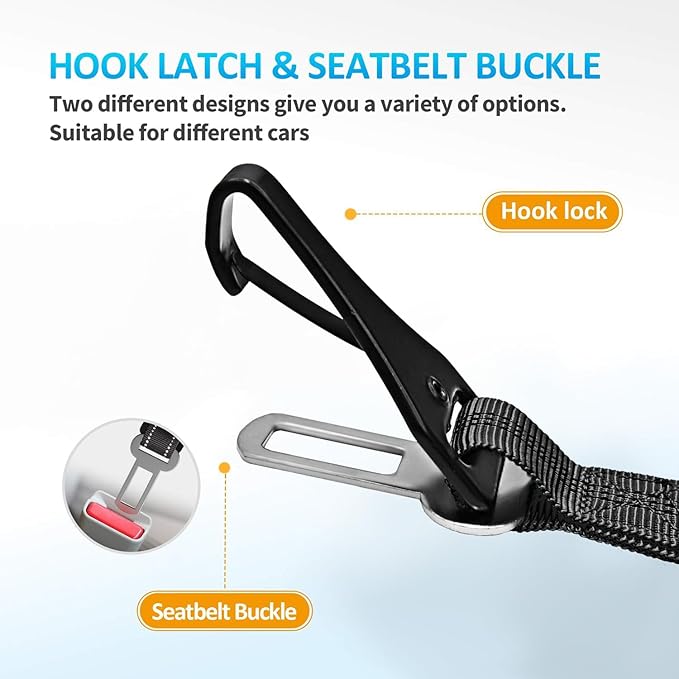 Dog Seat Belt for Car, Dog Car Harness Dog Seatbelt in Car, Safety Leash with Woven Elastic Nylon Buffer Adjustable Rotating Buckle and Dog Poop Bags (19.6-31.5in, Black,Two Pack)