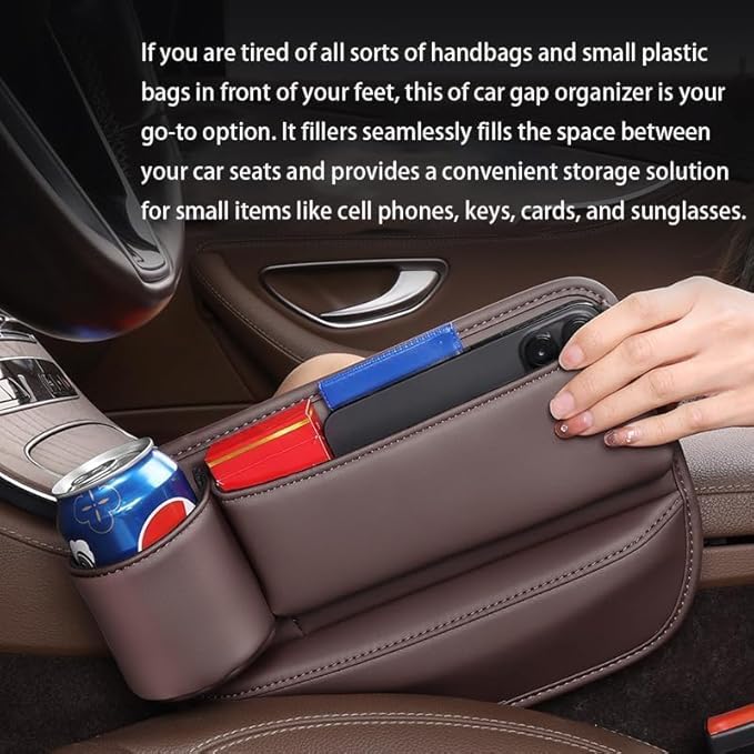 Seat Gap Storage Box, car seat Gap Filler Manager with Cup Holder and Charging Hole, car seat Manager, Leather Cup Holder Gap Bag (Main Driver-Black)