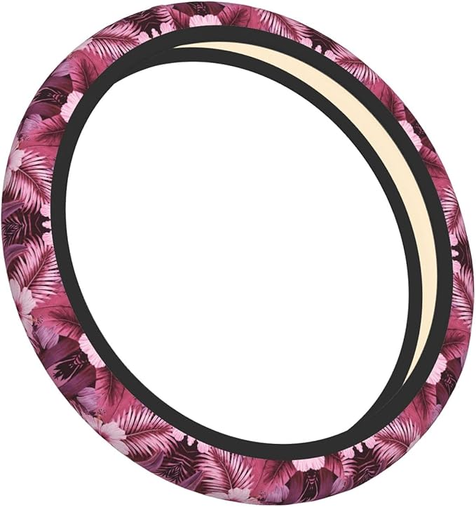 Hawaiian Tropical Flowers Car Steering Wheel Cover, 15 Inch Steering Wheel Cover Stylish Decor for Most Cars