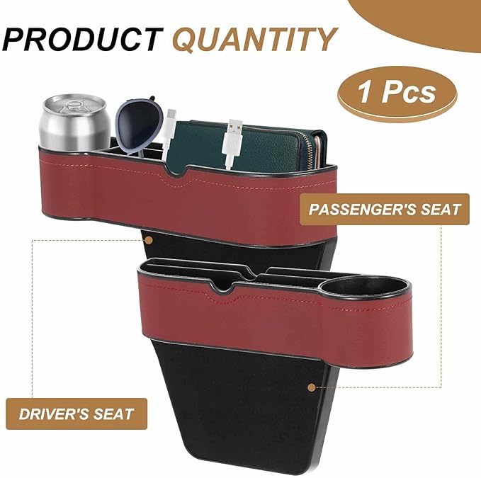HARFINGTON Car Seat Gap Filler Organizer 10.6 x 7.1 x 2.8 Inch ABS+Leather Universal Car Organizer Storage Box Between Seat and Console (Left) with Cup Holders for Phone Keys, Wine Red