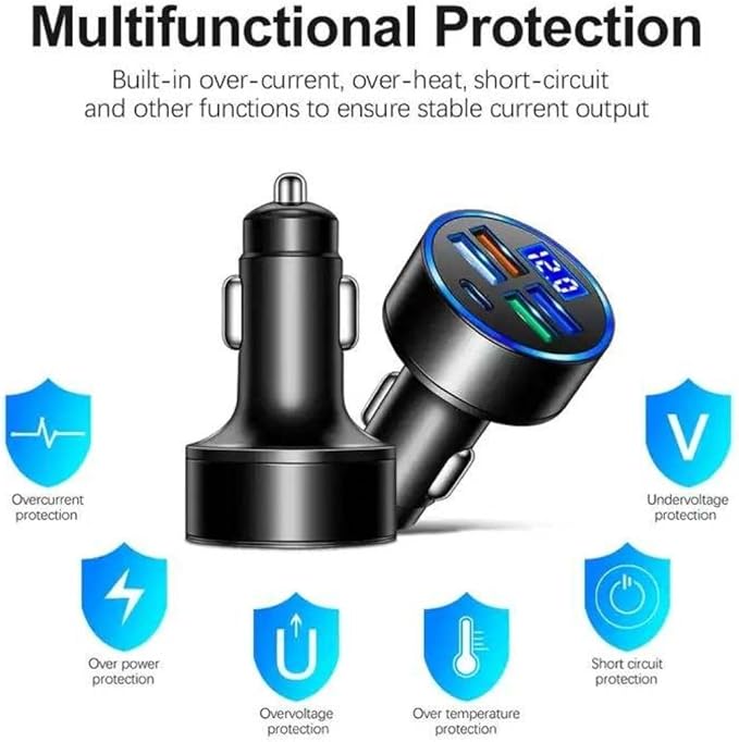 120W 5-Port Car Charger with PD Fast Charging & LED Voltage Display – USB C Cigarette Lighter Adapter (4 USB + 1 PD) for iPhone, Android & Multiple Devices