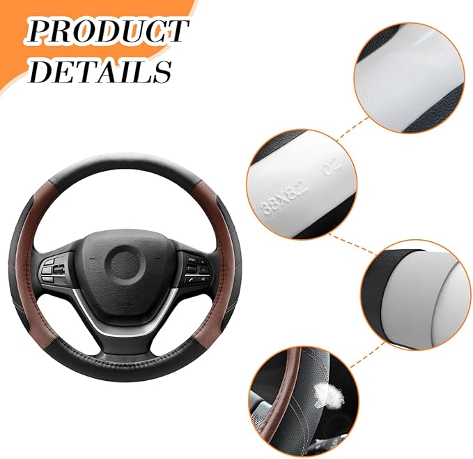 Car Steering Wheel Cover, 14.5-15" Non-Slip Leather Sporty Vehicle Steering Wheel Protector, Breathable Auto Interior Decoration Accessories, Universal for Van Truck Sedan (Orange)