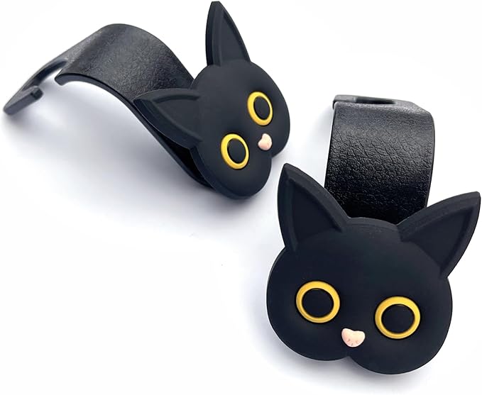 Car Seat Headrest Hooks,2 Pack Black Cute Cartoon Cat Hook 360° Rotation Heavy Duty Car Purse Hook Hanger for Bags, Coats, Umbrellas, Groceries, Universal Vehicle Fit