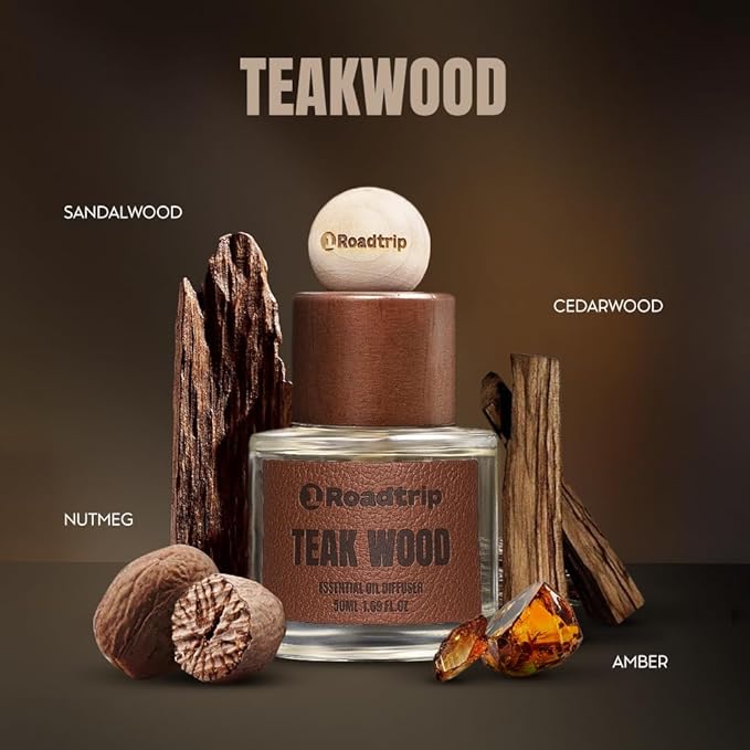 1Roadtrip Car Air Freshener - Long Lasting Aromatherapy Essential Oil Diffuser - Car Cup Holder Accessories for Men & Women - Non Toxic Air Freshener - Teakwood Scent Diffuser 1.69 FL OZ/50ML