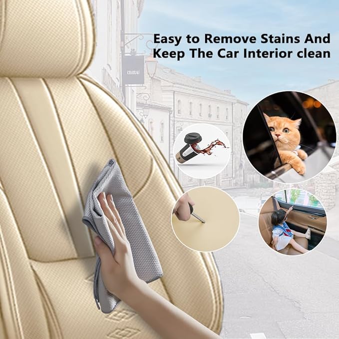 Premium Universal Car Seat Cover, Comfortable Leather Seat Cover for 96% of Models, Waterproof Car Seats Protectors Cushions for 2 Seats(Beige,Pillows)