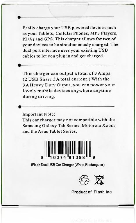 iFlash Dual USB Car Lighter Charger Adapter with 3A Output - fast Heavy Duty Ouput - Support Apple iPad Pro / Air 2 / mini 2/3/4 iPhone X / 8 Plus / 7 / 6S Plus / 6 / SE /5S (White)