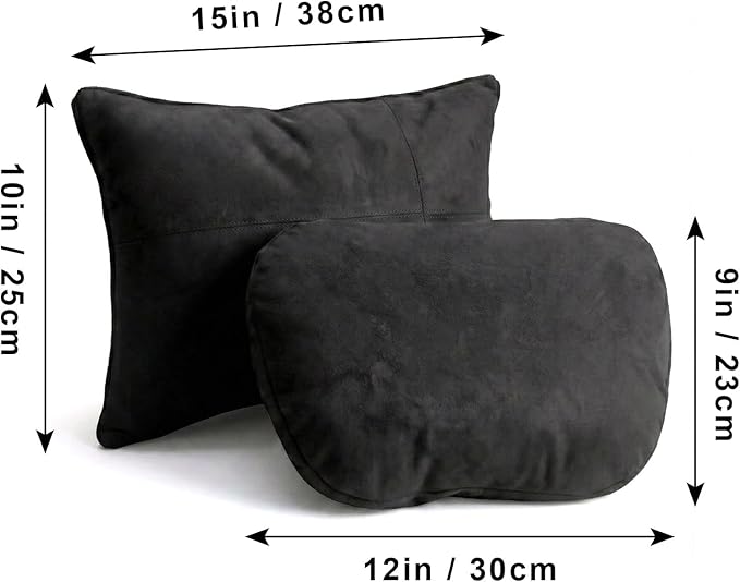 2PCS Car Pillow for Car Neck Pillow for Driving Seat Leather Neck Support Soft Cushion Back Support Head-Rests for Vehicle Sleeping with Elastic Adjustment Strap (Black, Head and Lumbar)