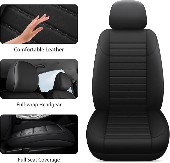 crossmiles Faux Leather Car Seat Covers Full Set, Foam Seat Cover for Car, Universal Car Seat Protector with Waterproof and Breath Fit for Cars, Trucks, SUV, Vans (Black-Striped)