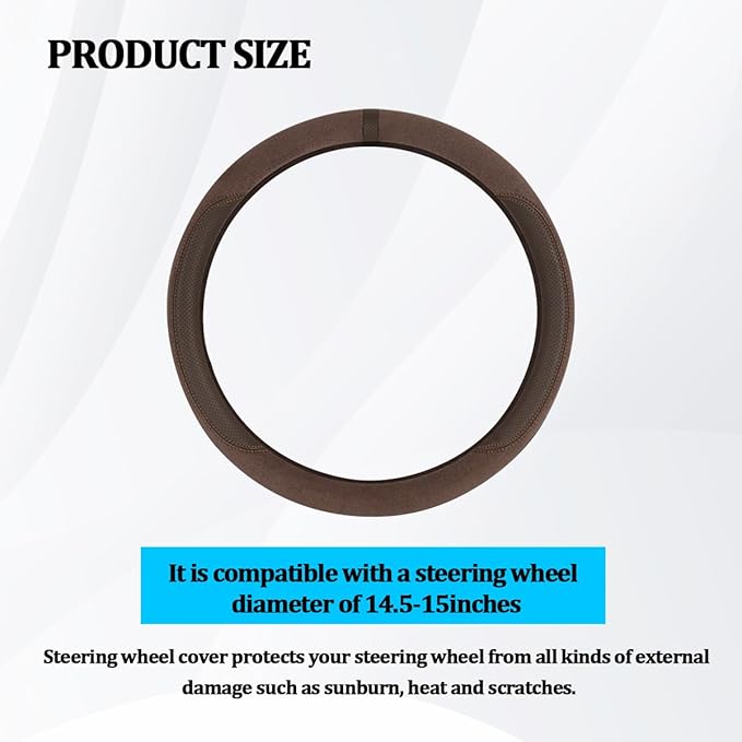HZEL Car Steering Wheel Cover, Non-Slip Suede Leather Breathable Vehicle Steering Wheel Protector with Inner Ring, Automotive Interior Protective Accessories, Universal Fit (Coffee)