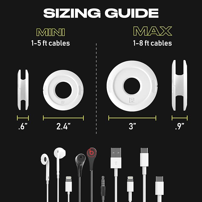 Side Winder Mini and Max Headphone, Earbud and Charging Cable Winder and Organizer Perfect for Wrapping Earbuds and Cords for Travel and Organization 2-Pack (Black, Max)