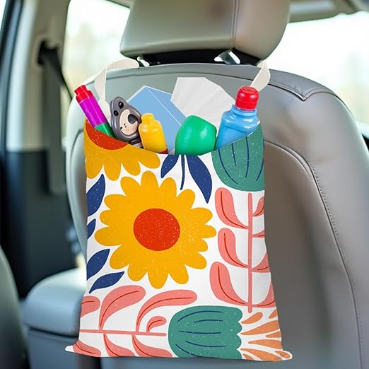 Pykfrhh Danish Floral Car Trash Can, Car Trash Bag Hanging, Waterproof Cars Back Seat Hanging Organizer and Storage Trash Bags for Vehicle Travelling Camping