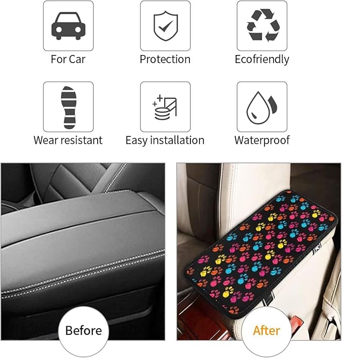 Car Center Console Cushion Pad Dog Paw Universal Waterproof Armrest Seat Box Cover Protector Paws Comfortable Cars Decor Accessories Fit for Most Vehicles, SUV