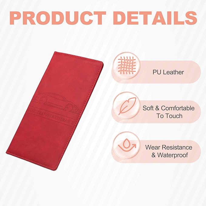 HARFINGTON Car Registration and Insurance Holder 9.65" x 4.92" PU Leather Vehicle Glove Box Organizer Storage Accessories Men Women Car ID Holder for License ID Card Bank Card, Red