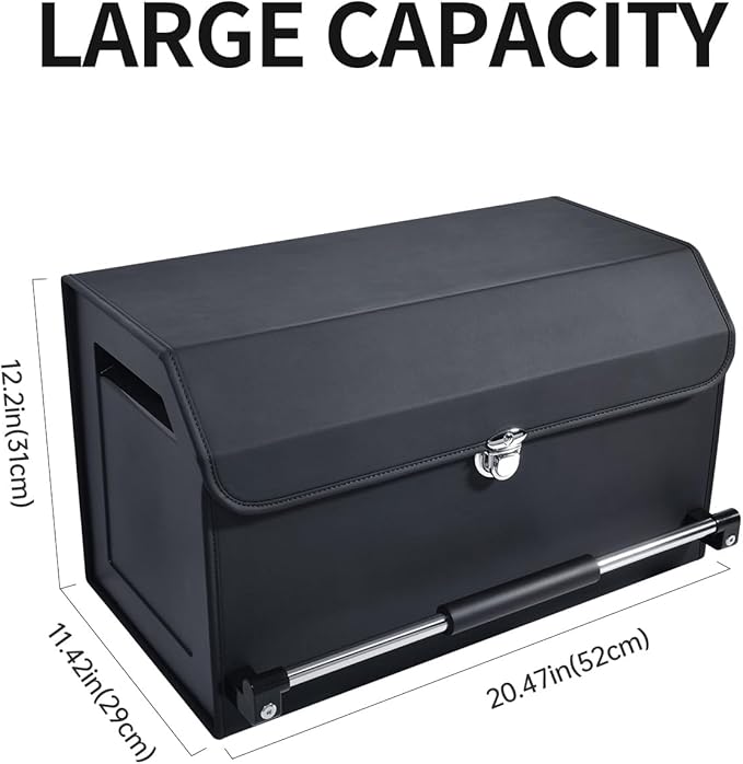 XCF Car Trunk Organizer, Push-pull Handle, Leather Collapsible 2 Compartments Car Organizers with Lid, Car Trunk Storage Organizer, Suitable for All Kinds of Cars, SUV, Minivan (Large, Black)