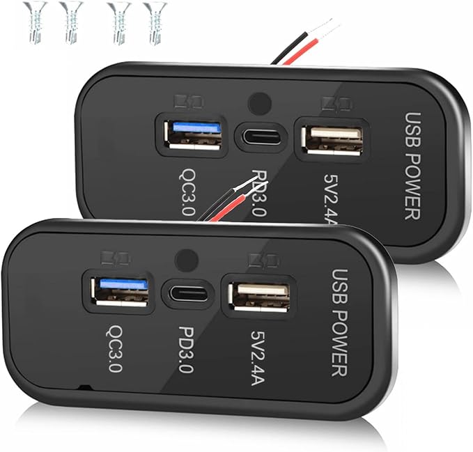 3 Ports 12V RV USB Outlet 45.5W, 2PCS PD3.0 Type-C Quick Charge & Dual USB A Port 3.1A Panel Wall Mount, Automotive Car Socket Charger Adapter for RV Marine Boat Bus ATV Motorcycle Truck, 2PCs Black