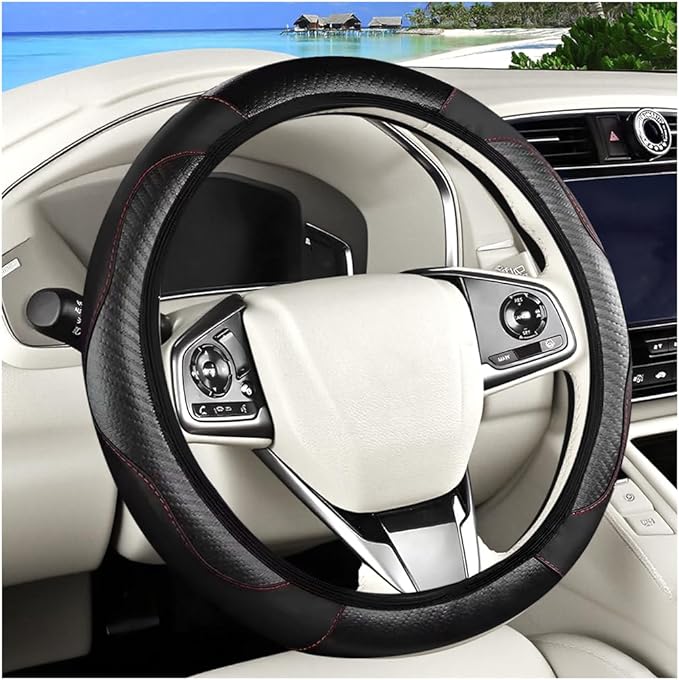 Carbon Fiber Car Steering Wheel Cover, 14.5-15 Inch Elastic Stretch Steering Wheel Guard, Sports Style Non-Slip Automotive Interior Accessories, Universal for Vehicles (Black)