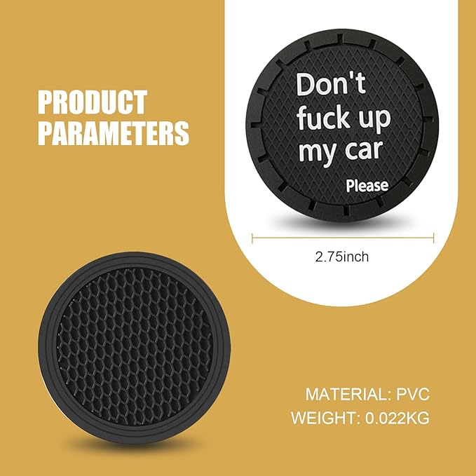 leechio 2 PCS Car Cup Coasters, Insulated Silent Cup Holder Coaster, Don't Fuck Up My Car Personalized Slogan Decorative Center Console Cup Holder Honeycomb Anti-Slip Drink Mat, for Most Cars (Black)