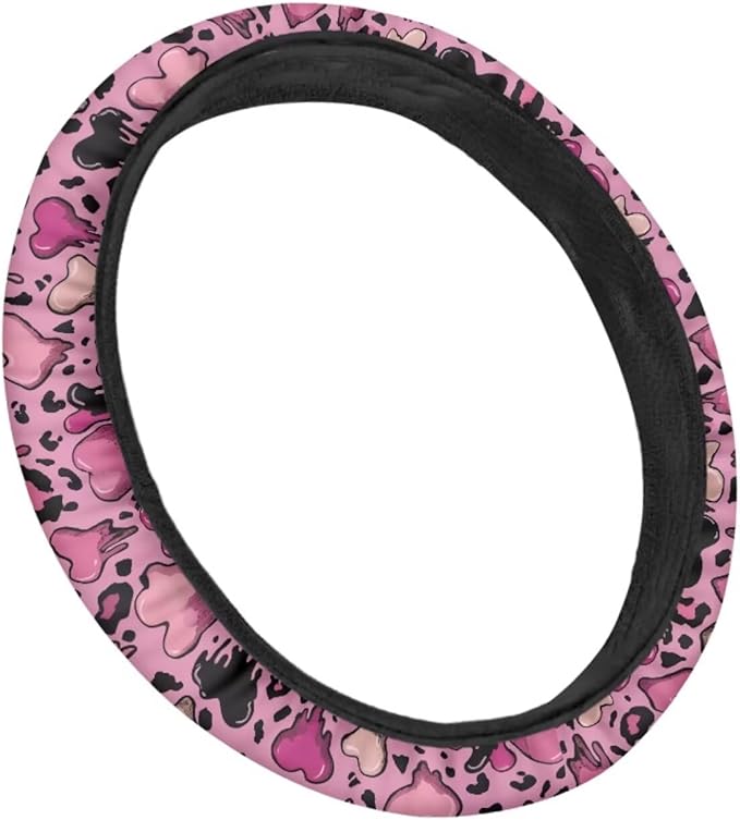 Universal Non-Slip Steering Wheel Cover, 15-inch Polyester Material Driving Accessories, Adjustable for Car and Truck(Sweet Cool Pink Leopard)