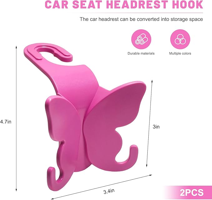 2 PCS Car Seat Headrest Hook, Butterfly Multipurpose Storage Hook Seat Back Purse Holder, Cute Butterfly Headrest Purse Hanger Interior Accessories for Car Truck SUV (Pink)