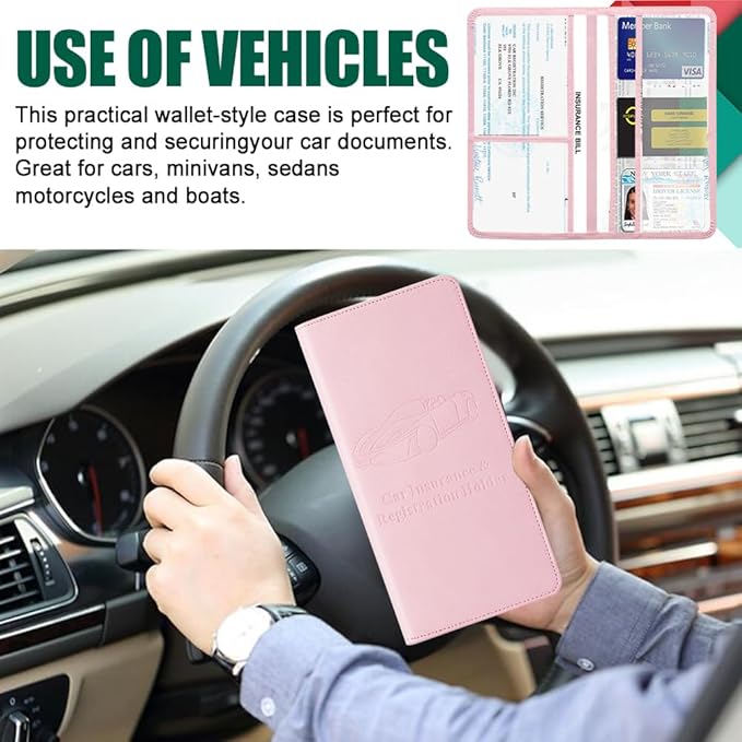 Vehicle Glove Box Car Organizer, Car Registration and Insurance Holder, Insurance Card Holder for Cars, Leather Card Holder Interior Auto Accessories for Women (Pink/Large)