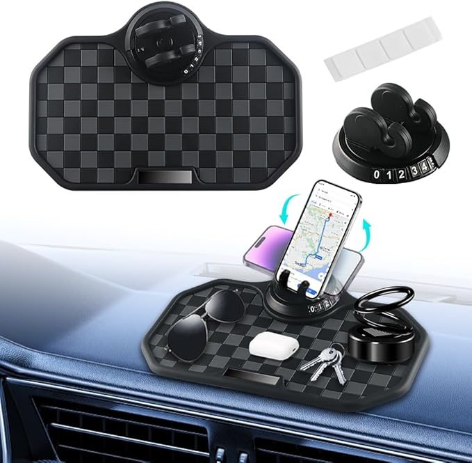 NHHEO Car Anti Slip Mat Dashboard Tray Decorations Sticky Pad Multi Functional Thickened and Widened Washable with 360° Rotating Universal Phone Pad Holder+Number Plate(Black&Gray)
