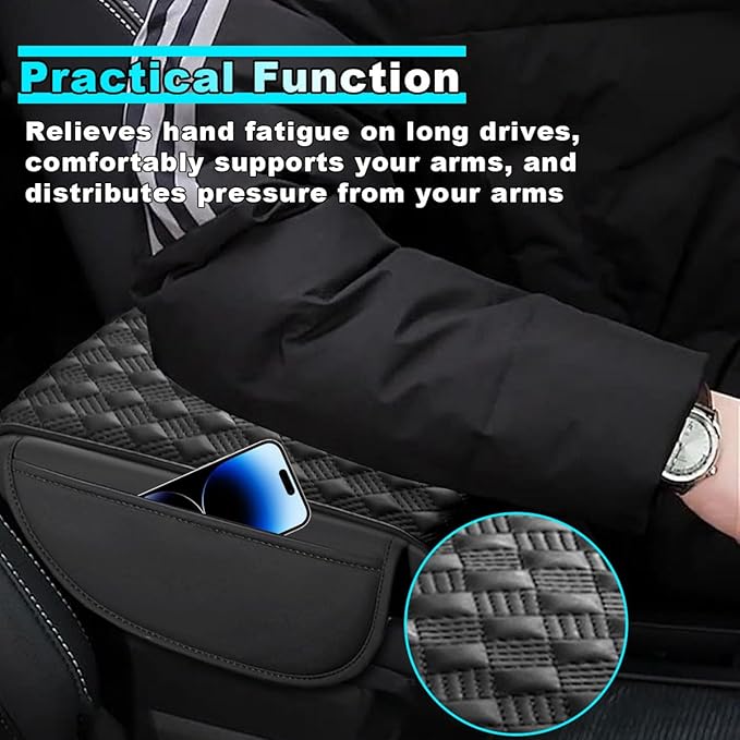 Car Center Console Cover with Storage Pocket, Waterproof Leather Car Armrest Cover Cushion Pad Distributes Elbow Stress, Non-Slip Middle Console Storage Box Covers for Most Vehicles (Black)