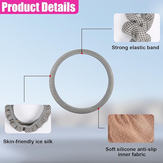 Elastic Stretch Steering Wheel Cover, Anti-Slip 15 inch Microfiber Odorless Breathable Ice Silk Car Steering Wheel Protector, Easy Carry, Warm in Winter & Cool in Summer (Grey)