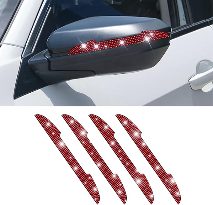 4 PCS Bling Rhinestone Car Door Handle Scratch Protector, Universal for All Cars, Vehicles, SUVs, Car Side Rearview Mirror, Car Door Edge Guard, Car Exterior Accessories for Women Men (Red)